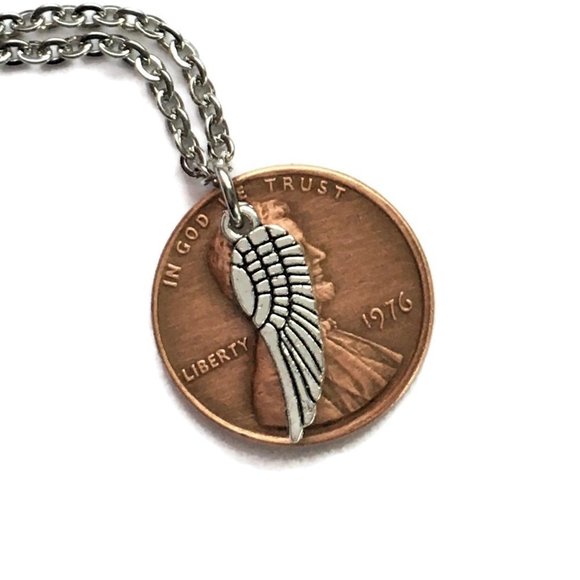 1959-1969 Lucky Penny Necklace Angel Wing Memorial Stainless Steel Coin Money - Picture 3 of 11